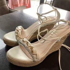 Ladies FAITH White Faux Leather Ankle Strap Wedge Heel Sandals Size 6/39 Bnnb