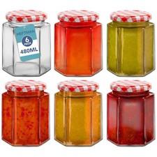 HEFTMAN Hexagonal Jam Jars 480ml Glass Red Gingham Lid Preserve Pots 6 Pack