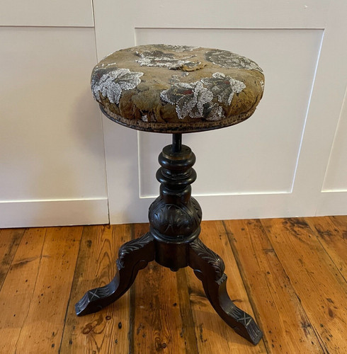 Antique round stool woven - woven, wood