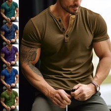 Men Button V Neck Muscle Summer Tops Mens Slim Fit Short Sleeve Sport T Shirts