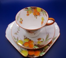 Rare Shelley Art Deco Yellow and Orange Acacia Pattern Regent Shape Teacup Trio 