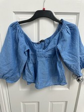 zara blue off shoulder top Linen Blouse Size M