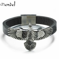MENDEL Large 9 Inch Mens Stainless Steel Eagle Leather Biker Bracelet Wristband