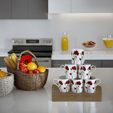 6 Poppy Flower Mugs Fine Bone China Mugs Poppy Stem Coffee Mugs (Balmoral)