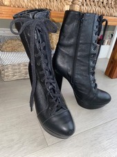 OFFICE High Heeled Black Leather Boots UK Size 7 Steampunk Lace Up Goth Heel