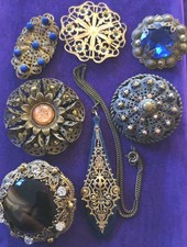 Vintage Lot x7 Art Deco Ornate Filigree Multicolour Czech Glass Early Plastic