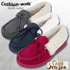 Ladies Womens Cushion Walk Real Suede Faux Fur Lined Warm Moccasin Full Slippers