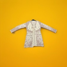 Elegant Beige Embroidered Long Cardigan - Ethnic Style - Button Front -