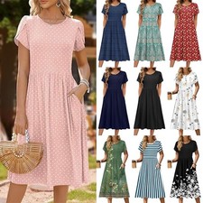 Summer Women's PRINTED Short Sleeve Long Dress Pockets Holiday Dresses Plus Size