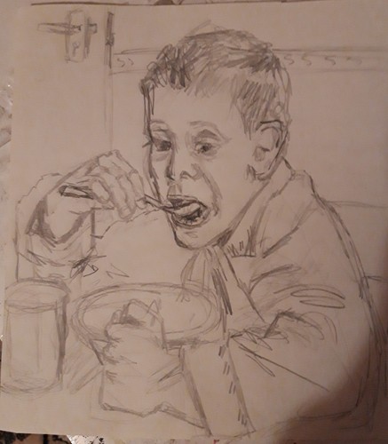 Sketch boy eating breakfast - sketch,