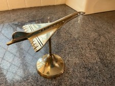 Vintage Brass Model Concorde Aircraft Plane on Stand Paperweight Desk Ornament