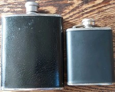 2x 4oz/3oz Hip Flask Black Leather Effect High Quality Stainless Steel