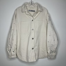 Zara Shacket Jacket Studded Diamanté Gems Oversized Sz M Cream Cotton Denim 