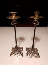 PAIR OF ART NOUVEAU, SILVER PLATED BRASS, LIBERTY STYLE. CANDLESTICKS. 14 1/2".