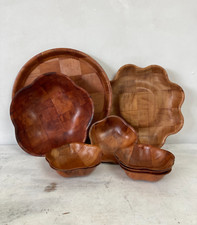 Vintage Criss Cross Woven Wooden Monkey Pod Bowls Trays Plates BBQ Party Tiki