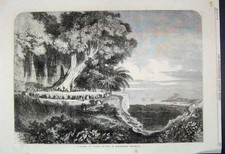 Original Old Antique Print 1863 Kabar Council War Madagascar Country Scene 19th