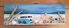 NEW! LONG WOODEN WALL HANGING WITH BLUE CAMPER/2 SURFBOARDS ON BEACH  9.5"X5.5"