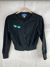 Collectif Cardigan Size M UK 12 Women's Glasses Black Long Sleeve Cotton Crop