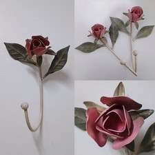 Vintage Rose Wall Hook Hooks  Distressed Metal  paint 1950s Shabby Chic X 2