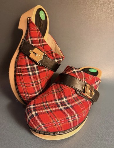 Scholl red tartan wooden - scholl, clogs