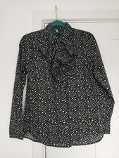 UNITED COLOURS OF BENETTON Black Shirt White Star Print Ruffle Front   Jabot  XS
