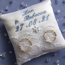 PERSONALISED 9cm PKT SIZE IVORY BRIDAL SATIN & LACE WEDDING RING CUSHION PILLOW