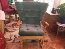 Wooden frame fireside chair. Green fabric in solid good condition