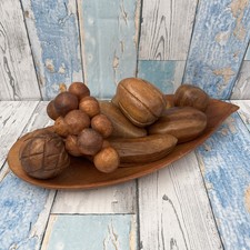 Vintage Carved Wood Fruit Display on Bowl-8 Fruit Pieces-37.5cm Dish-MCM Decor