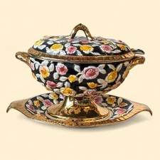 Vintage ELPA Alcobaça Tureen Set, Portuguese Majolica, Black & Gold Floral