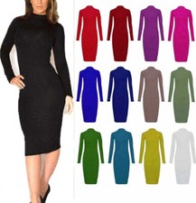 WOMENS TURTLE POLO NECK LONG SLEEVE PLAIN STRETCH BODYCON LADIES MIDI DRESS 8-26