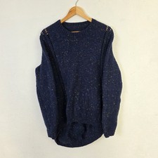 Vintage Hand Knitted Jumper Womens XL Navy Blue Chunky Cable Knit Sweater