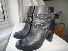 Faith black leather block heeled boots Size UK 6 (EU 39) with brass studded trim