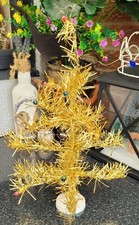 Vintage 1960s 15" Gold Tinsel Tabletop Christmas Tree w Mini Mercury Glass Beads