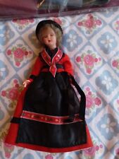 Vintage Swiss Costume Doll. Red Felt Dress, Black Pinny, Felt Hat.