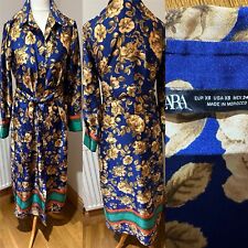 Zara Floral Twist Tie Front Long Sleeve Shirt Dress Blue Gold Green Vlogger XS/S