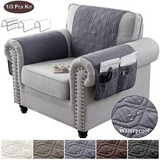 Waterproof Quilted Sofa Arm Covers Universal Couch Armchair Protector Mat Pocket