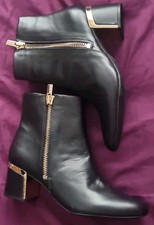 DKNY Crosbi Women's Black Leather Ankle Boots Block Heel Gold Zip and Trim