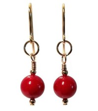 9ct Gold Red Coral Earrings, Natural Gemstone Dangle Drop Earrings for Women