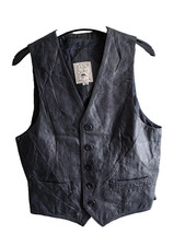 Mens Size 38 Sardar Black Leather Waistcoat 2 Pockets & Buckle Polyester Lining