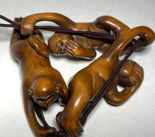 Vintage Japanese Tsuge Wood Netsuke of Three Wise Monkeys | Hand-Carved Okimono