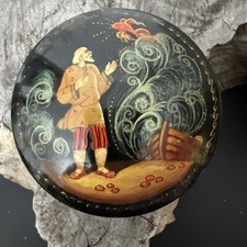 Vintage Hand Painted Russian round metal Lacquer Fisherman &  Fish Box with Lid