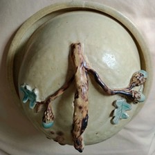 Studio Pottery Covered Cheese Plate Green Stoneware with applied acorns VGC