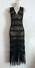 *Ladies Black Crochet Stretch Midi Dress Beach Cover Fringe Flattering Free Size