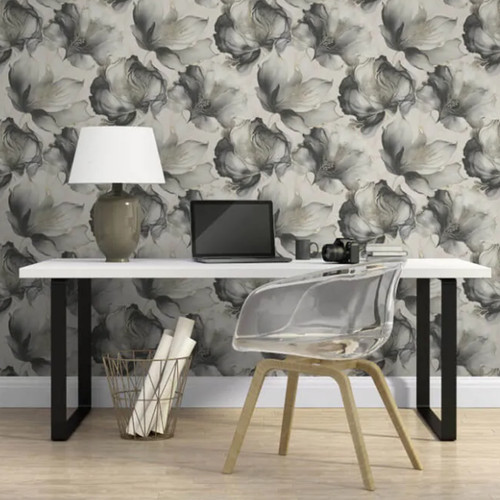 Black white floral wallpaper - black,