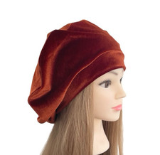 Velvet Beret Rust Orange Slouchy Velvet Unlined Soft Beret Vintage Hat for Women