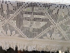 Vintage French Fringed Crochet Style Tablecloth Throw 74x60 Inch Cotton VGC