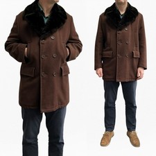 Vintage Coat Men’s Wool Dapper Overcoat Brown Tailored Gentleman’s Size L Fur