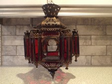 Ornate Hexagonal Moroccan Light Shade / Pendant  - Metal and Red/Clear Glass