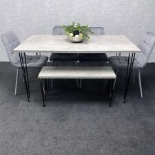 Grey Dining Table Set with 4 Velvet Chairs & Bench Hairpin Legs 140cm