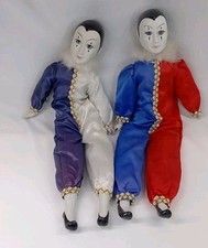 Vintage Pair Porcelain Head Pierrot Clowns Fabric Body 80s